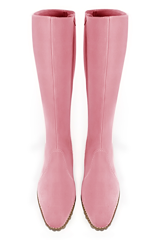 Carnation pink women's riding knee-high boots. Round toe. Medium block heels. Made to measure. Top view - Florence KOOIJMAN